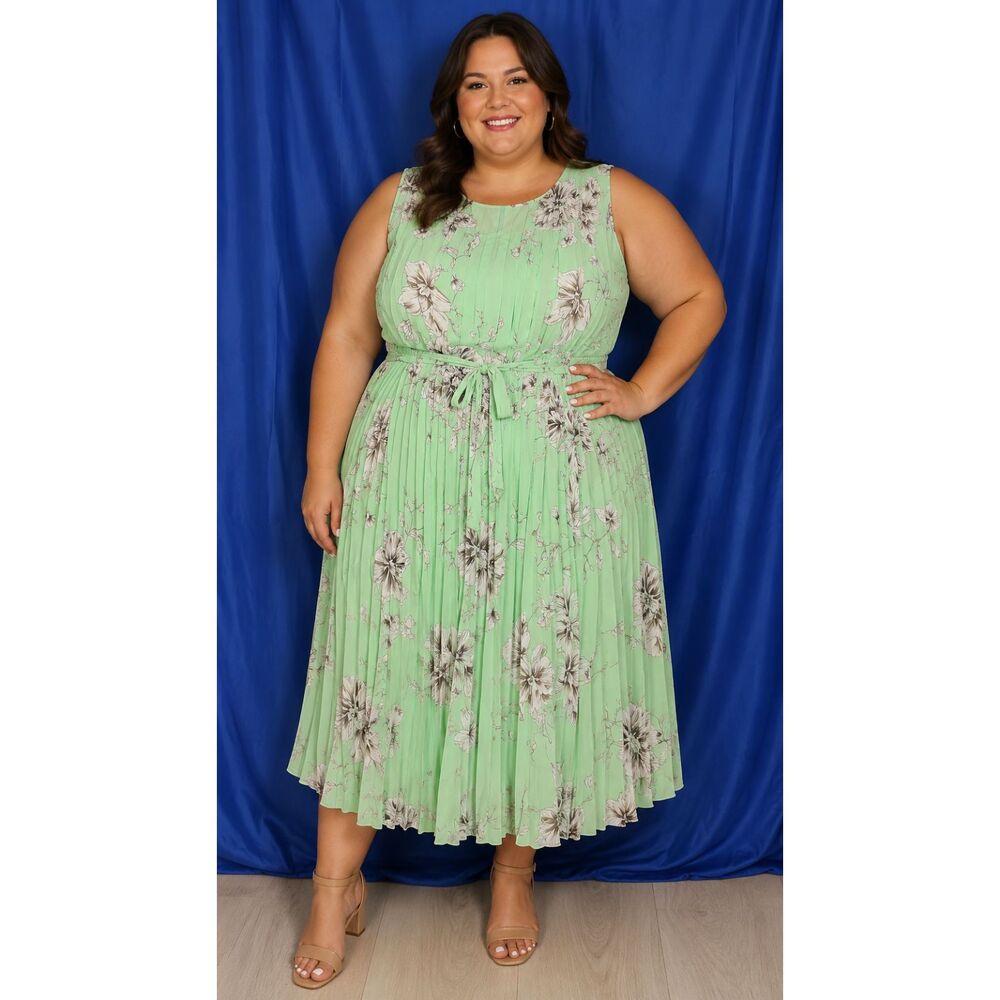 Jessica London Women's 24W Mint Green Floral Pleated Sleeveless Plus Size
